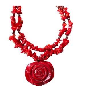 Sterling Silver Coral Rose Pendant With Beaded Double Chain